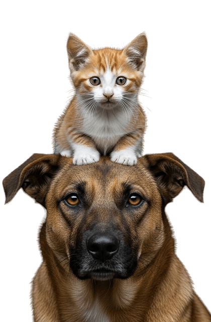 A loyal dog with an adorable kitten sitting on its head